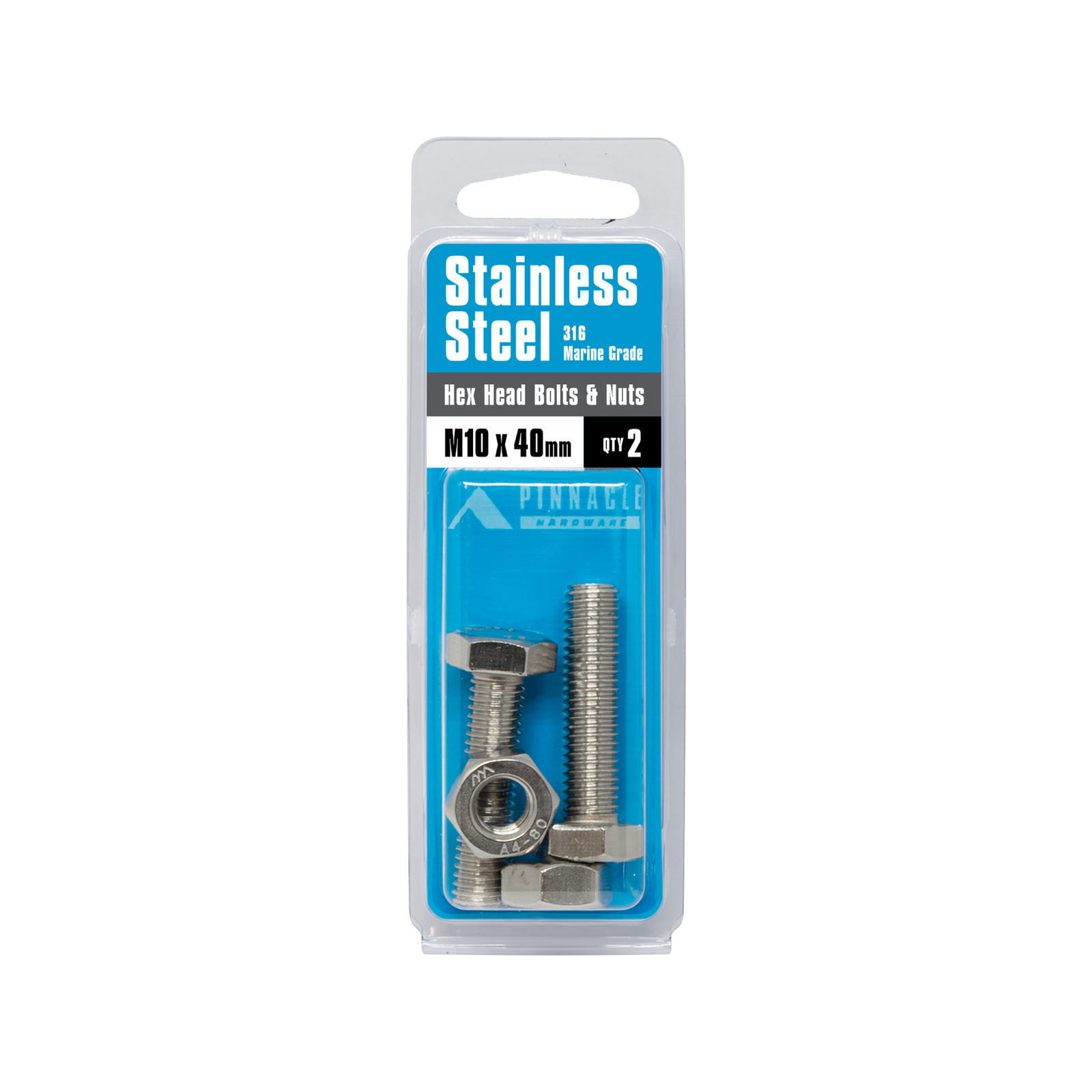 Pinnacle M10 x 40mm Stainless Steel Hex Bolt and Nut - 2 Pack