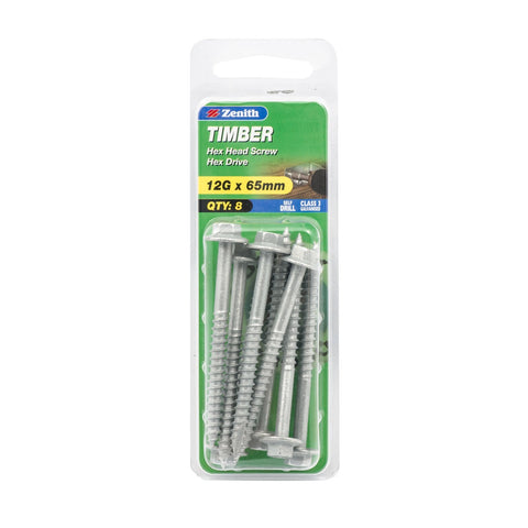 Zenith 12G x 65mm Galvanised Steel Hex Head Timber Screws - 8 Pack