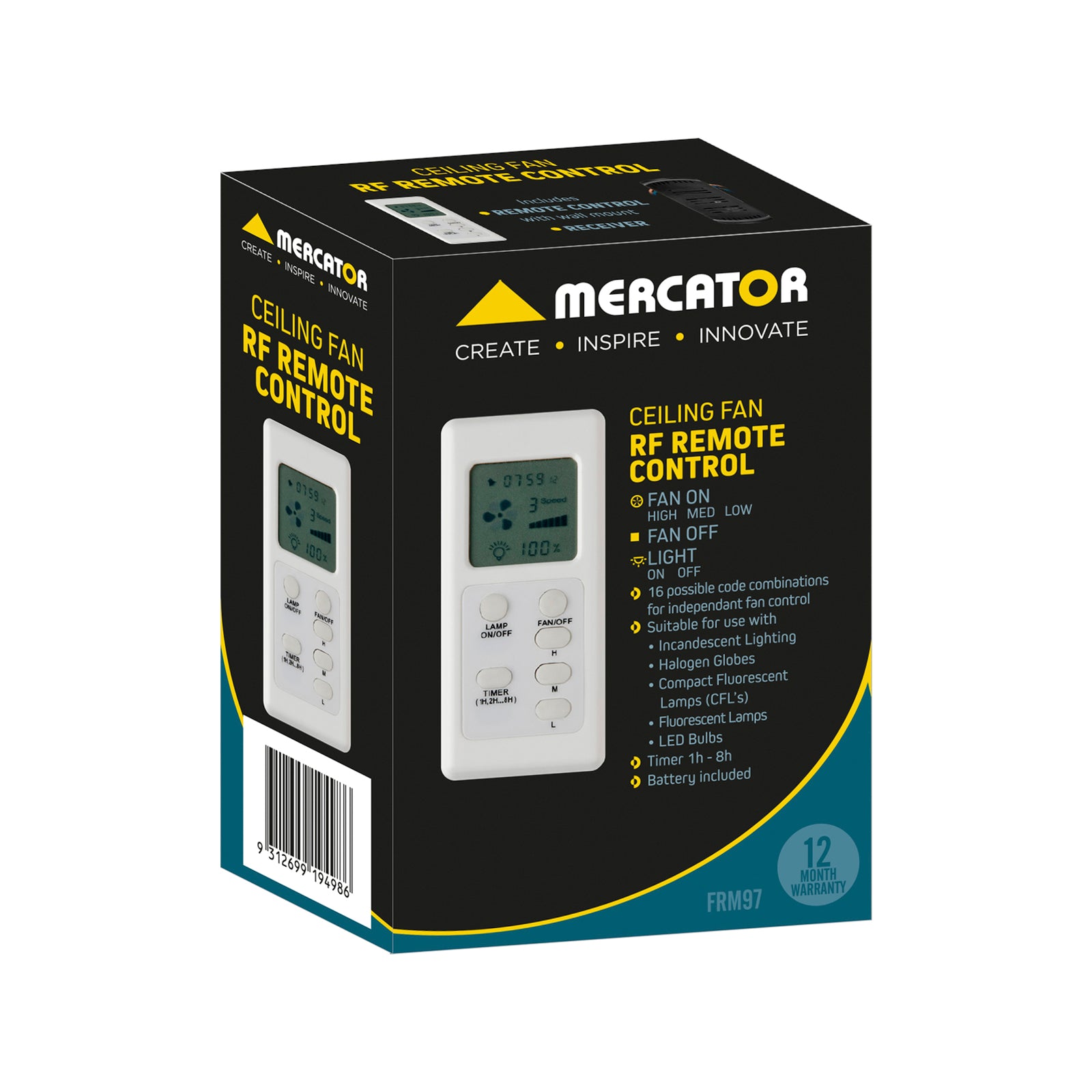 Mercator Ceiling Fan Remote Control with LCD Screen FRM97, AC Motor Fans, White