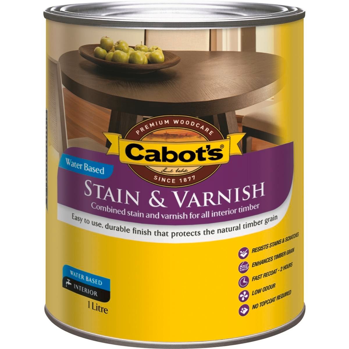 Cabot's Jarrah Gloss Water Based Stain & Varnish 1L - Scratch Resistant Interior Finish