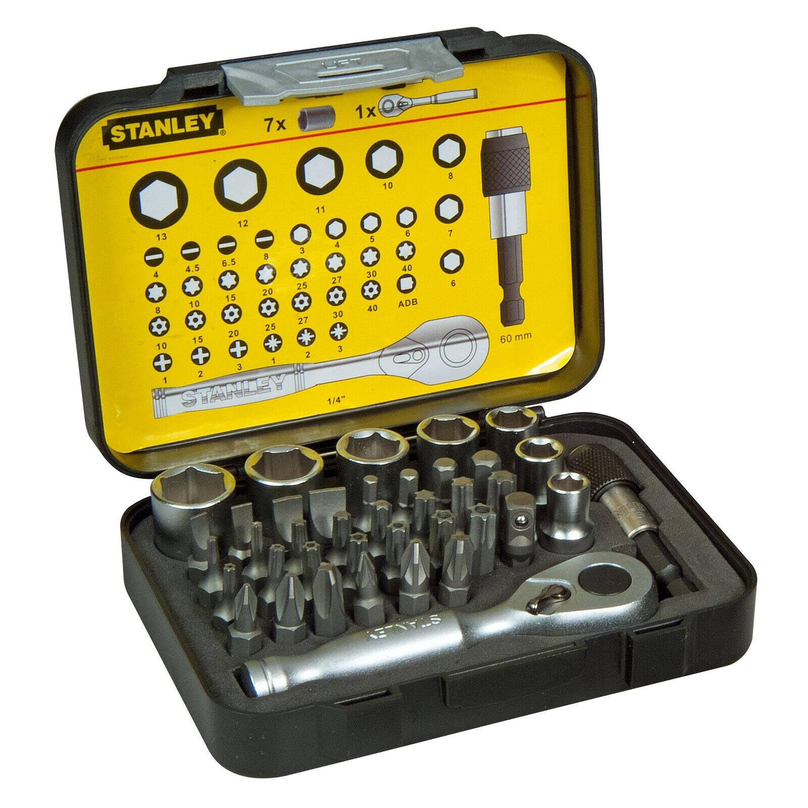 Stanley 39 Piece 1/4" Drive Bits Set with 25mm Magnetic Bit Holder and Case