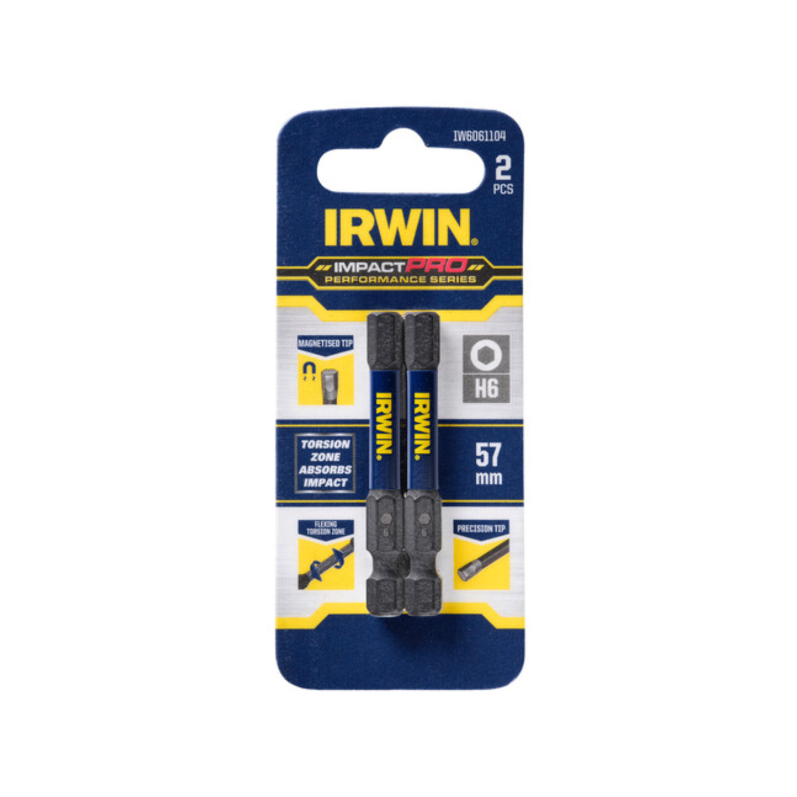 Irwin Impact Pro Performance 57mm Hex 6 Screwdriver Bit 2 Pack
