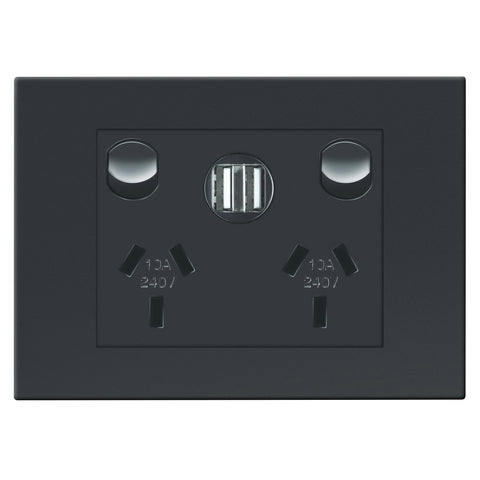 HPM VIVO Double Power Point with Dual USB Charger, Grey, 10A 240V, 2.4A Per Port (EV777USB2IGR)