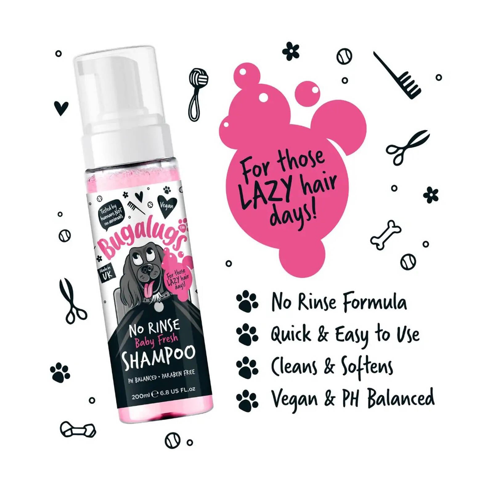 Bugalugs No Rinse Baby Fresh Dog Shampoo 200ml, Waterless Foam
