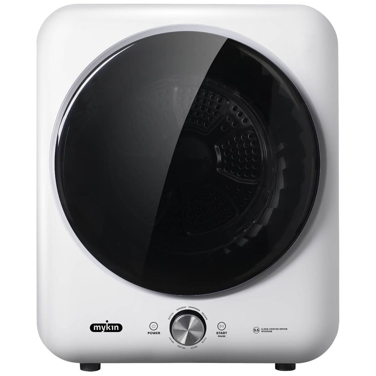 Mykin 5.5kg Vented Dryer - Sensor Drying, 8 Programs, Reverse Tumble, Wall Mountable, White - MVD55W