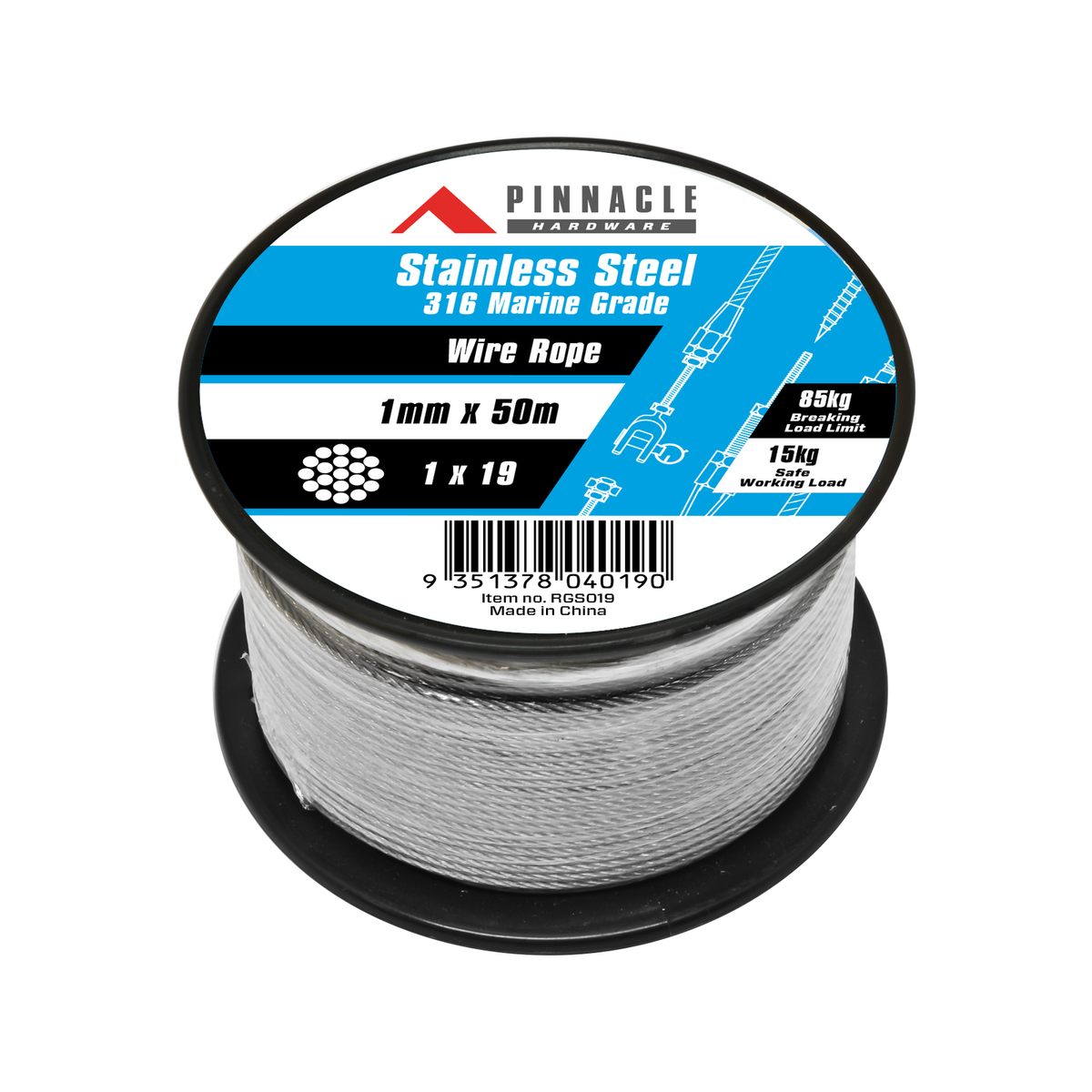 Pinnacle 1mm x 50m 316 Stainless Steel Wire Rope, Silver