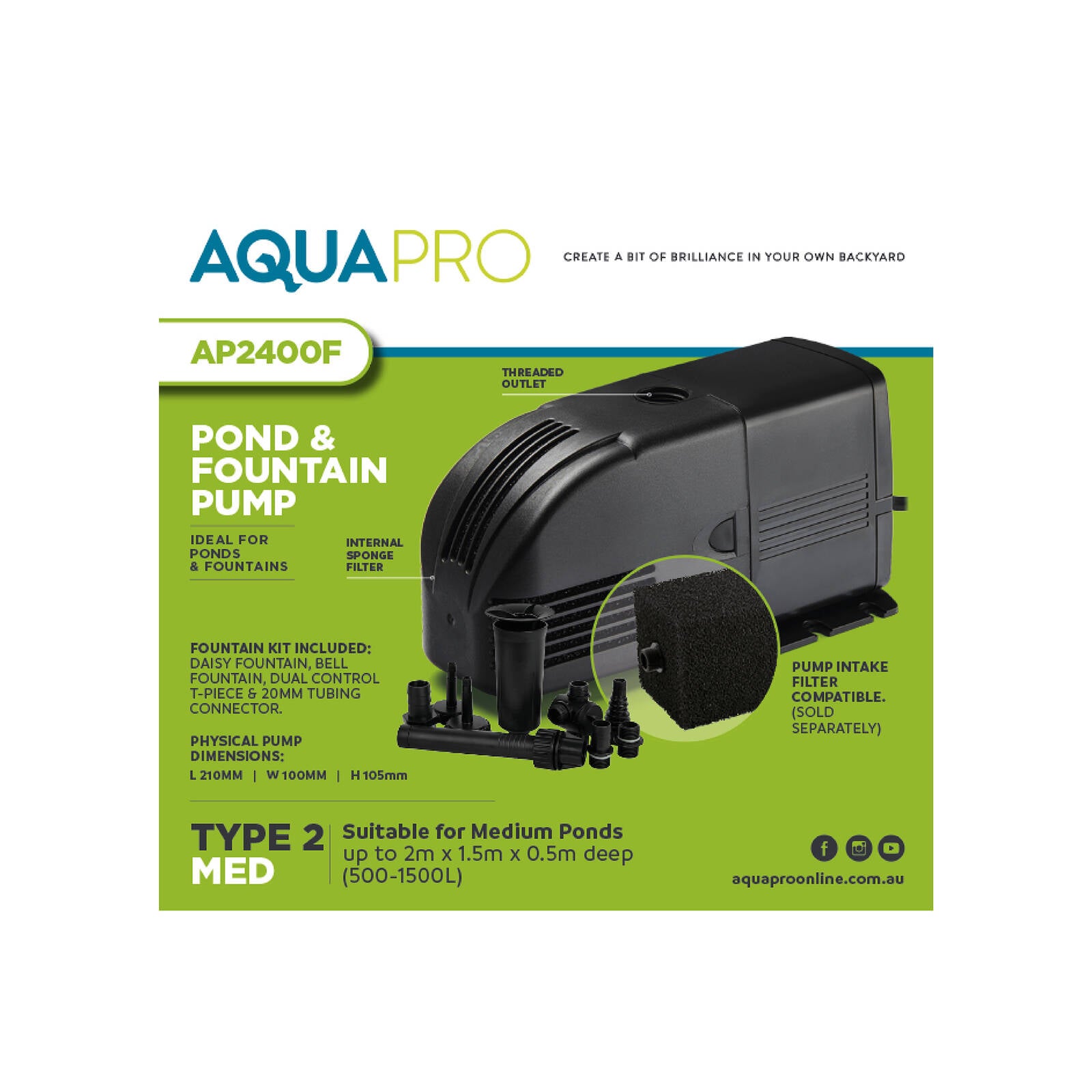 Aquapro AP2400F Pond & Fountain Pump 92W Submersible, Adjustable Flow, 19mm Tubing