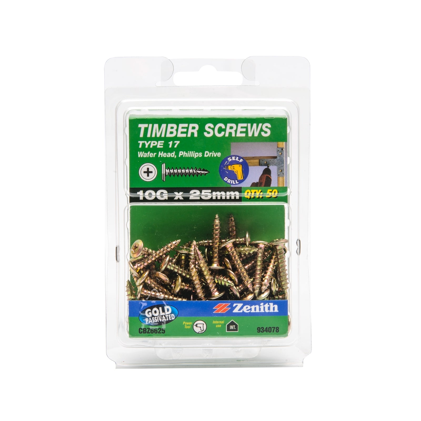 Zenith 10G x 25mm Gold Passivated Wafer Head Type 17 Timber Screws - 50 Pack