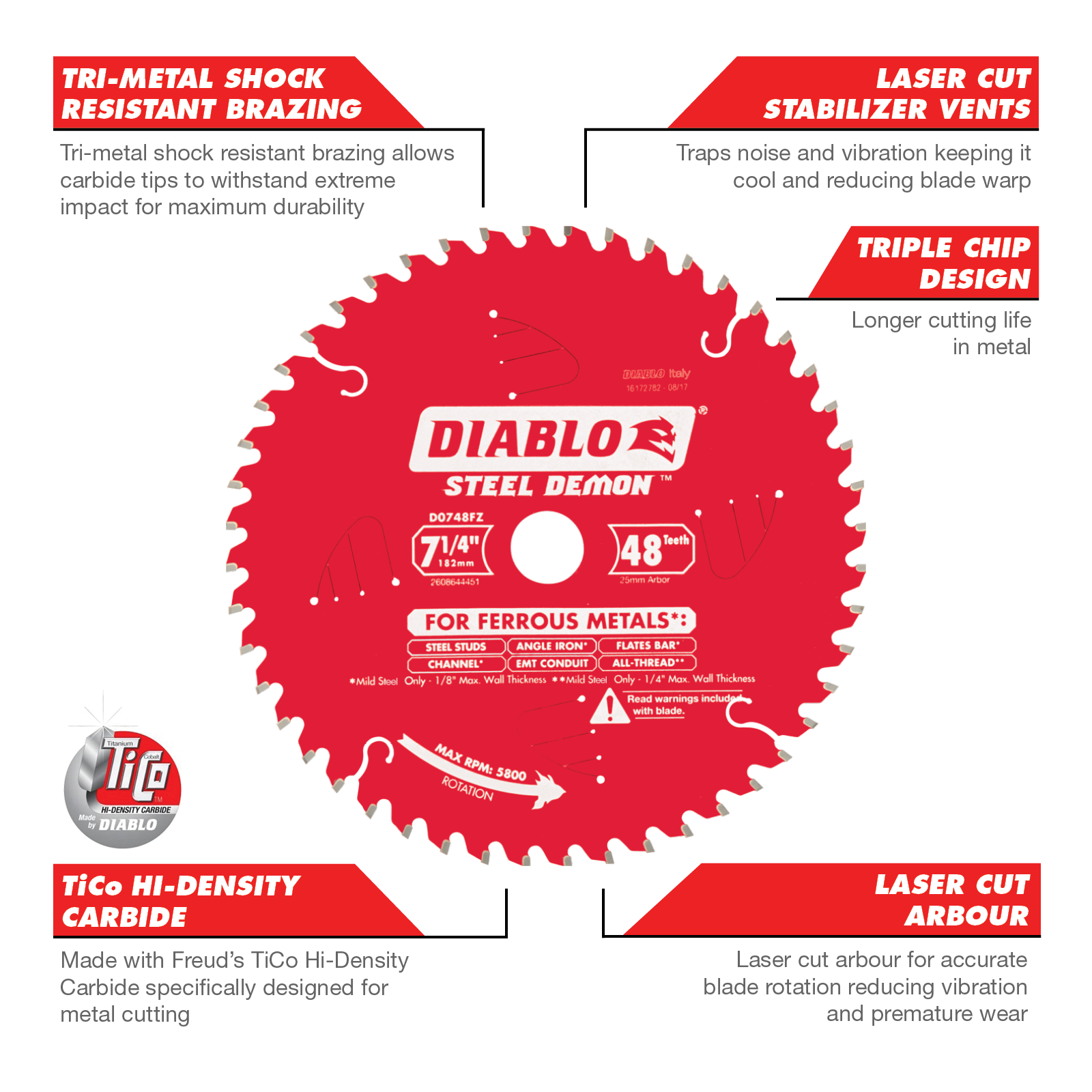 Diablo 184mm 48T Steel Demon Circular Saw Blade for Ferrous Metals - 20mm Arbor