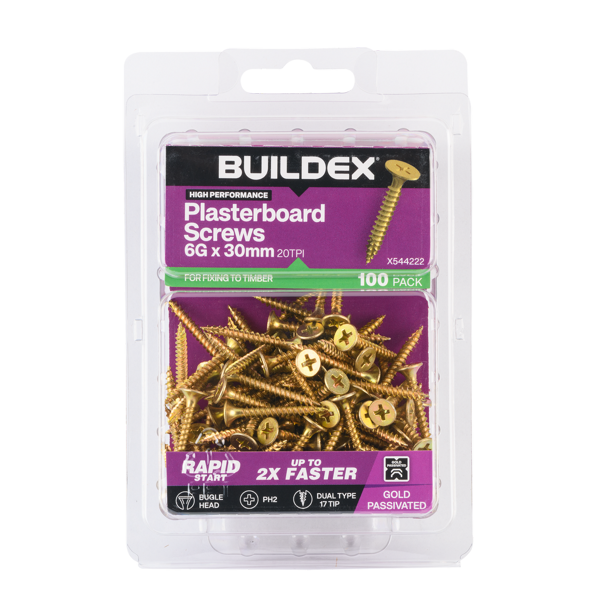 Buildex Plasterboard Screws - 6g x 30mm Gold Passivated - Dual Type 17 Tip - 100 Pack - SuperSaverAU - view 1