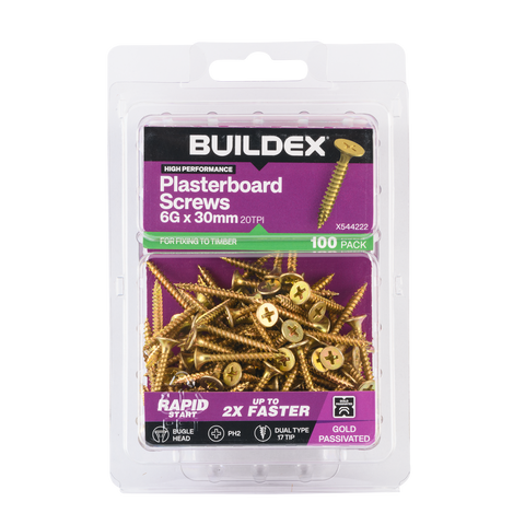 Buildex 6G x 30mm Gold Passivated Bugle Head Plasterboard Screws, 100 Pack