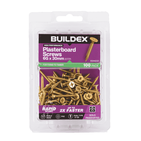 Buildex 6G x 30mm Gold Passivated Bugle Head Plasterboard Screws, 100 Pack