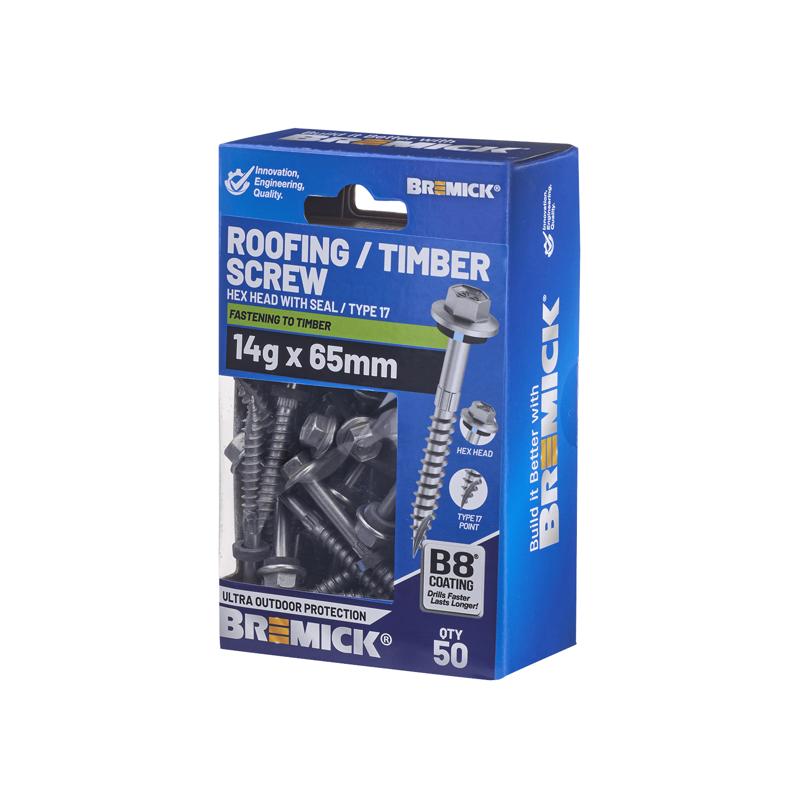 Bremick 14G x 65mm Hex Roofing Screw with Seal, Type 17 Coarse Thread - 50 Pack