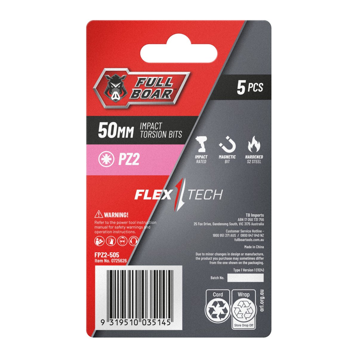 Full Boar PZ2 x 50mm Impact Torsion Bit - 5 Pack, S2 Steel, 1/4" Hex