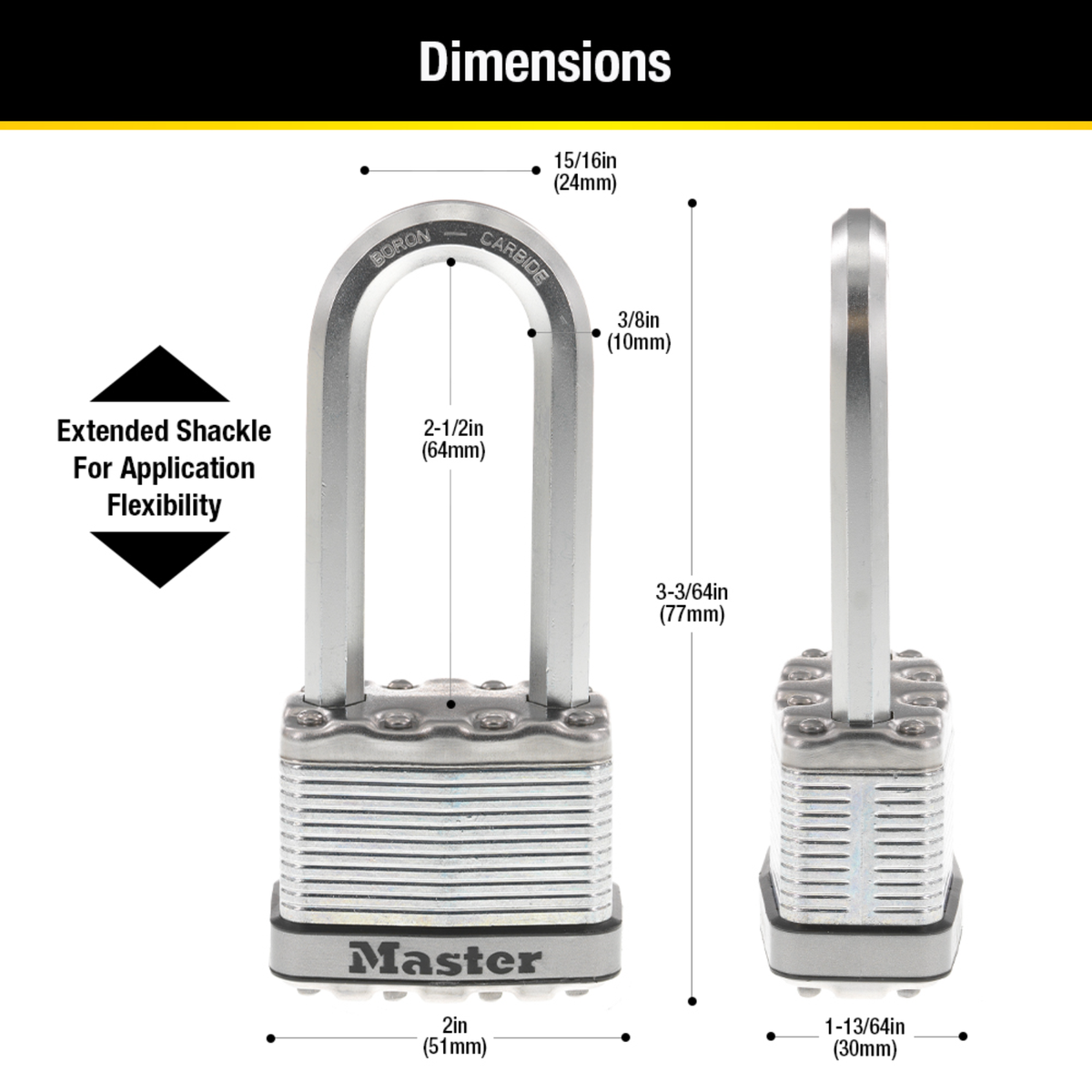 Master Lock 51mm Magnum Laminated Steel Padlock, 64mm Extra Long Shackle