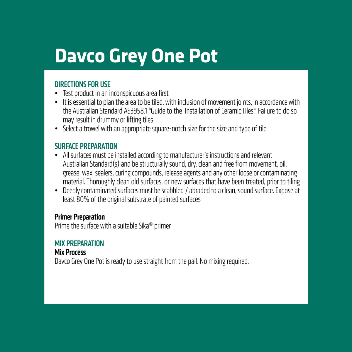 Davco Grey One Pot Premixed Tile Adhesive 4L Acrylic Based Indoor