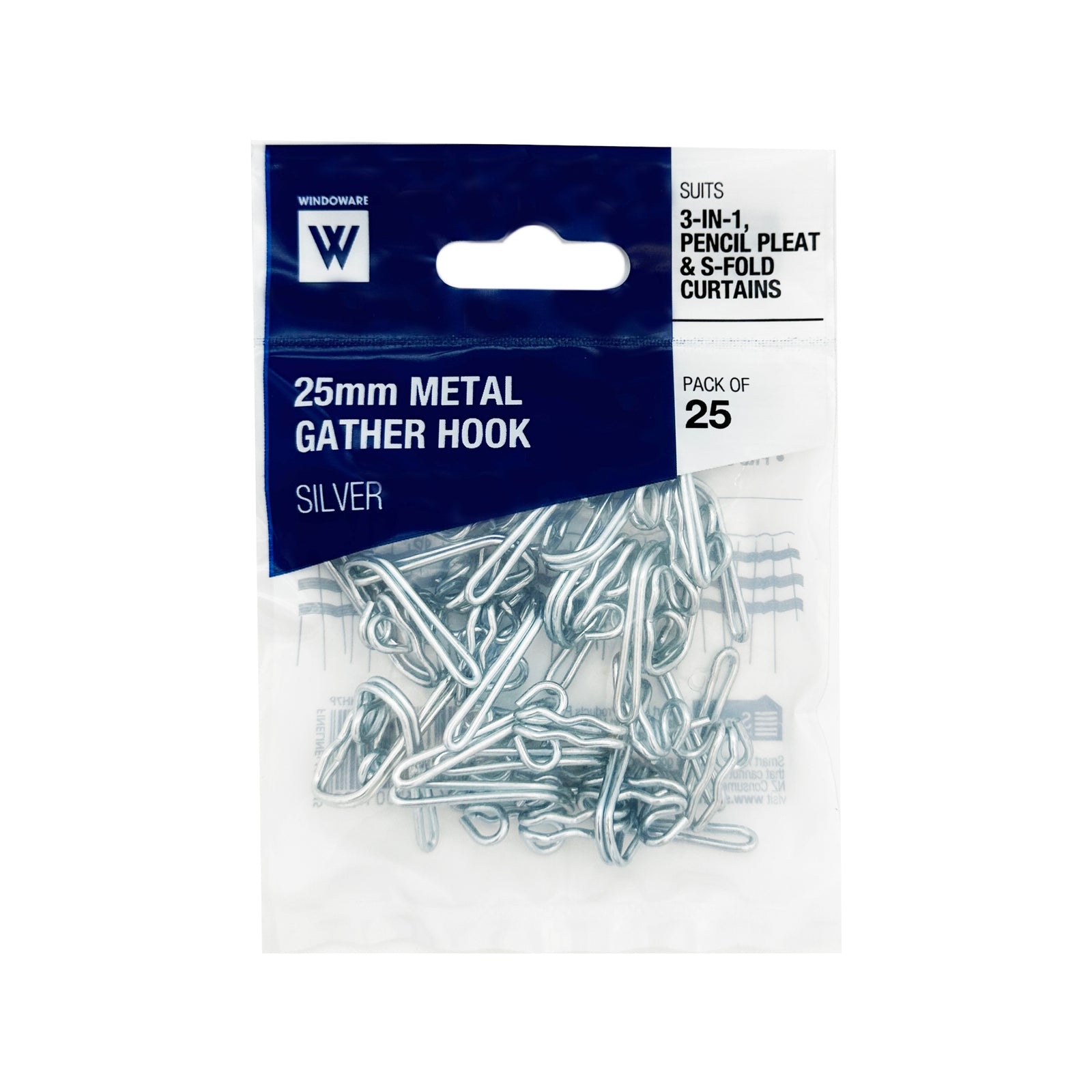 Windoware 25mm Metal Gathering Curtain Hooks - 25 Pack
