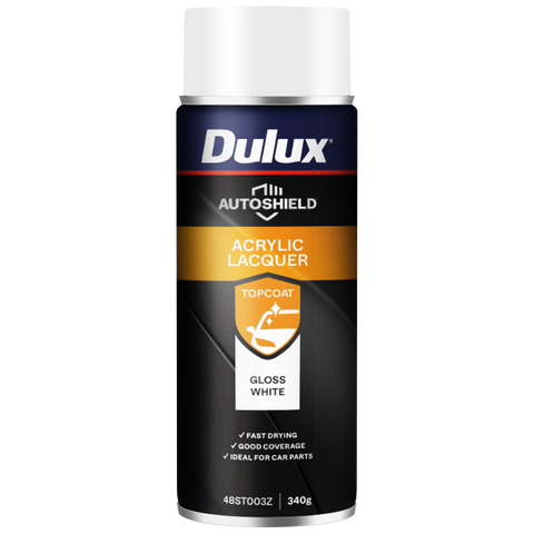 Dulux Autoshield 340g White Gloss Acrylic Lacquer Spray Paint, High-Gloss Automotive Finish