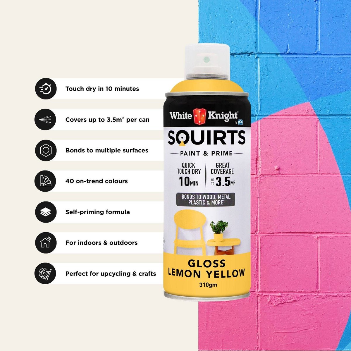 White Knight Squirts Lemon Yellow Gloss Spray Paint 310g Durable Finish - SuperSaverAU - view 4