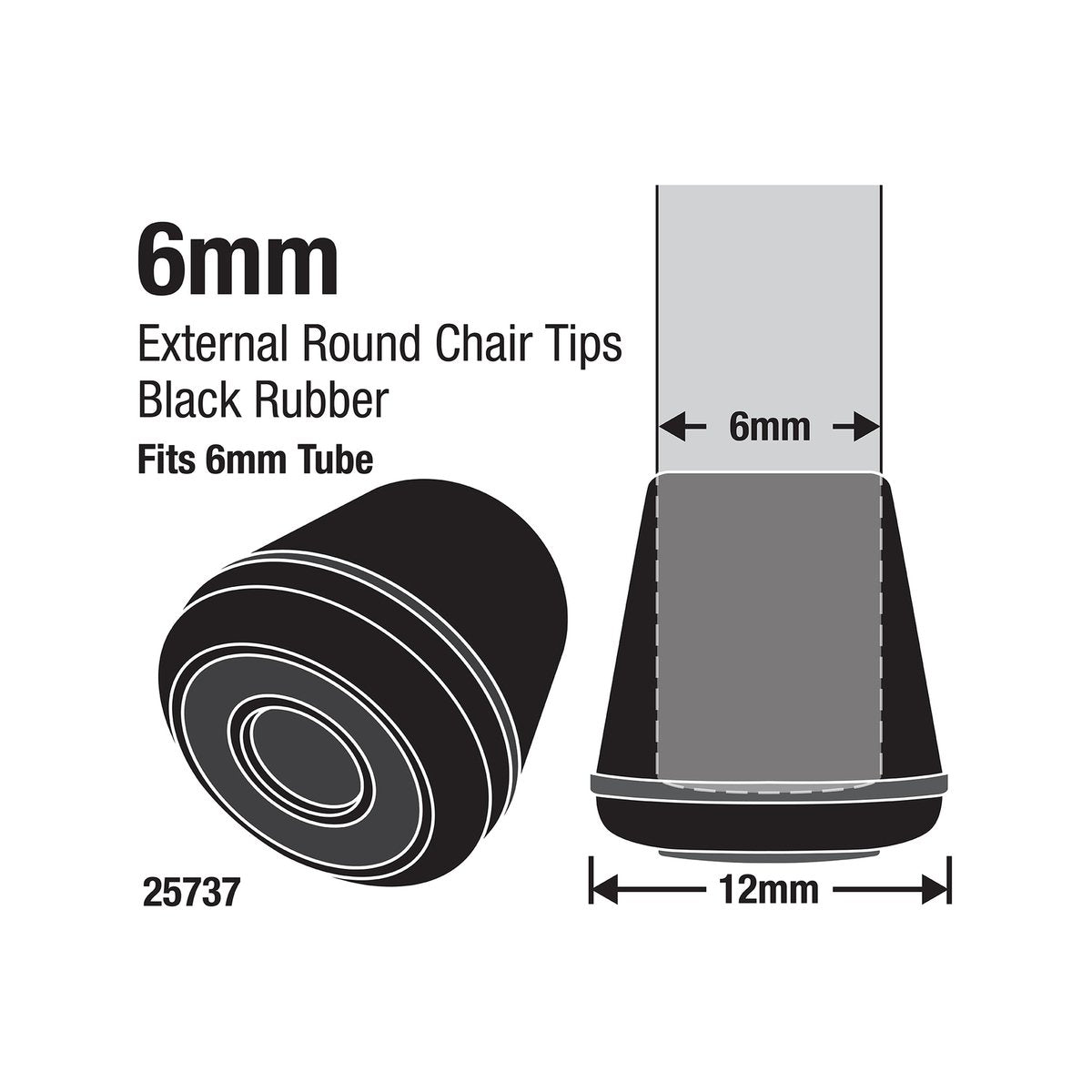 Surface Gard 6mm Black Round External Rubber Chair Tips - 4 Pack