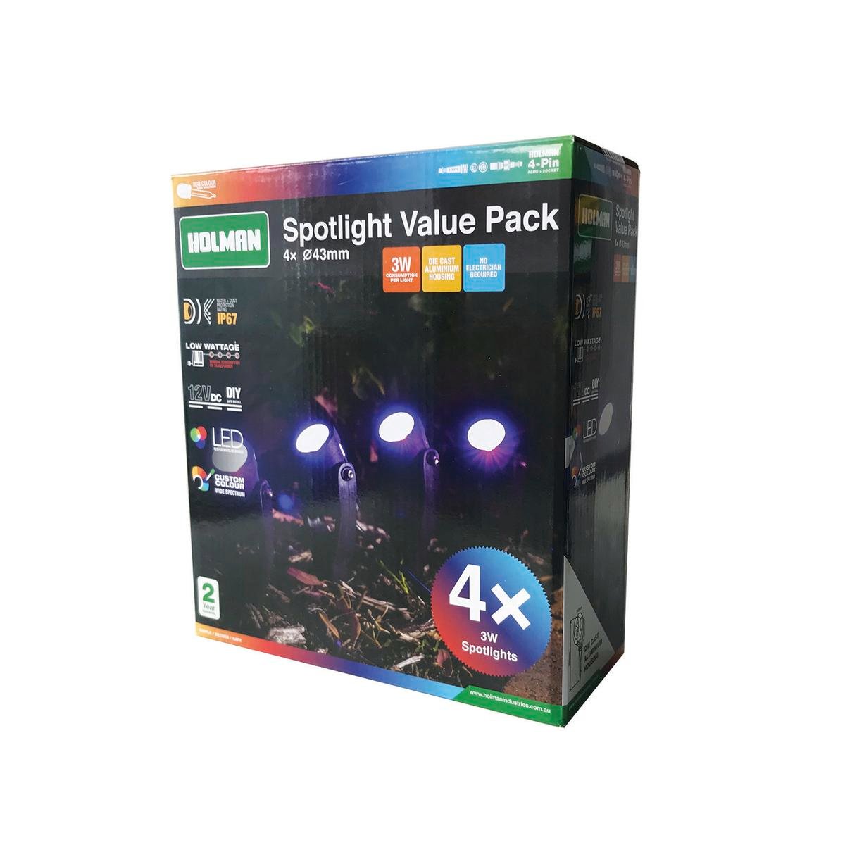 Holman 43mm RGB Colour 12V Outdoor Waterproof Spotlight - 4 Pack SLRGB433VP