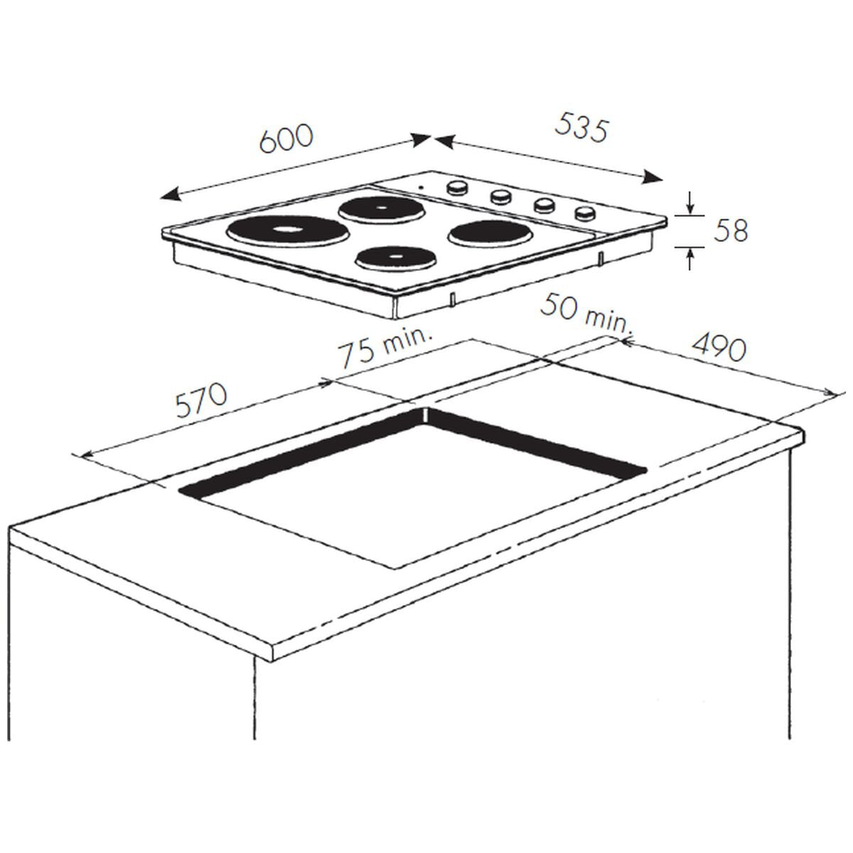 Chef 60cm electric cooktop - 4 hotplates, stainless steel finish, side controls - CHS642SB