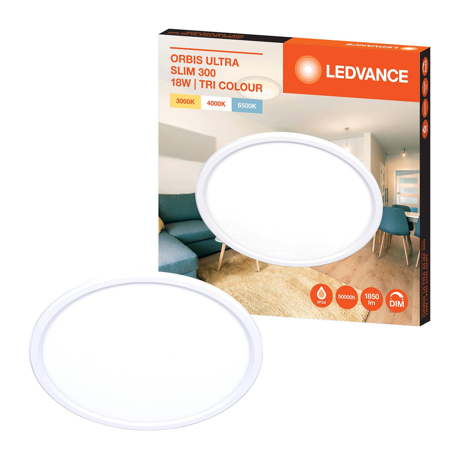 Ledvance 18W 1850lm LED Tri Colour Ultra Slim Oyster Ceiling Light Hardwired