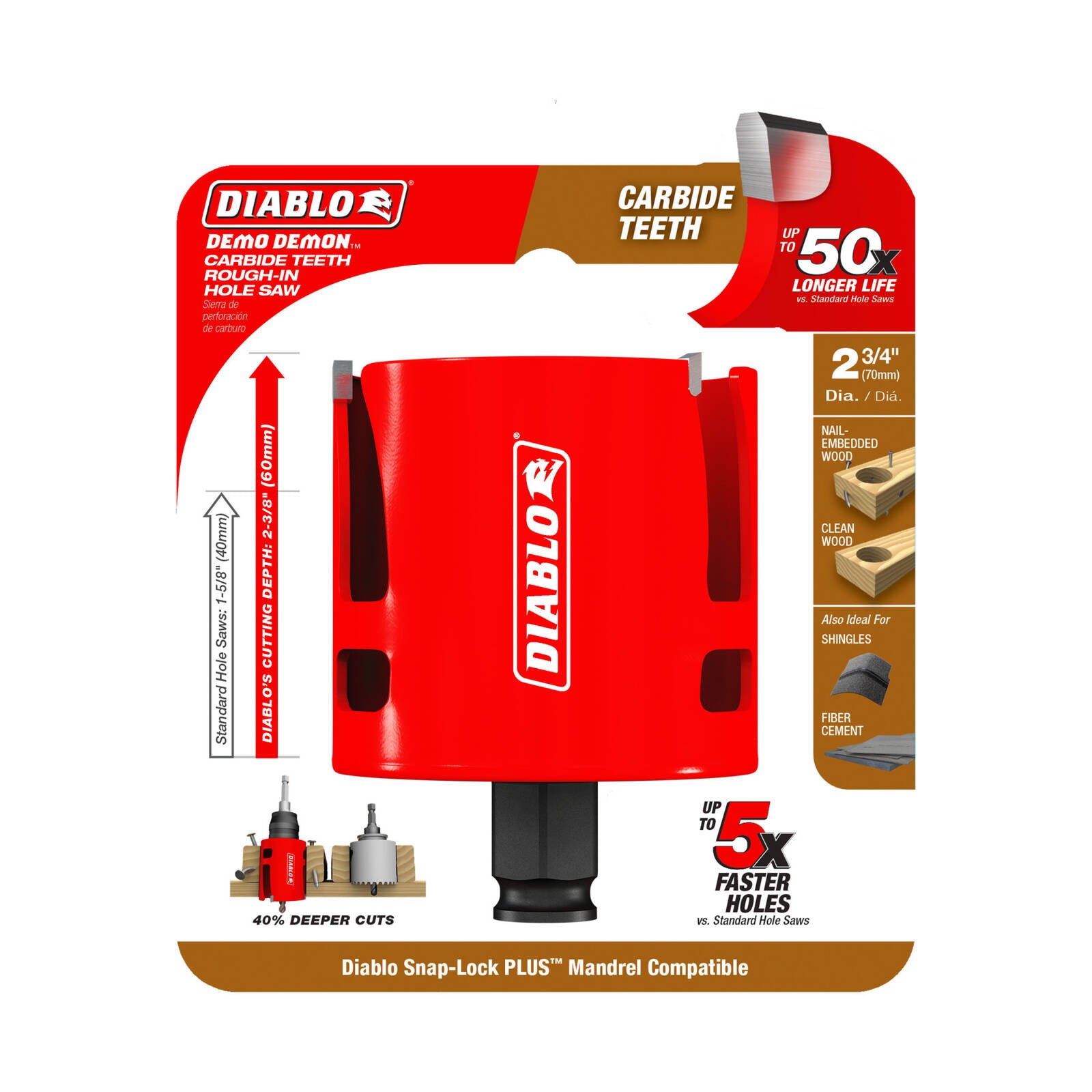 Diablo 2-3/4 inch Demo Demon Carbide Rough-In Hole Saw, 60mm Depth
