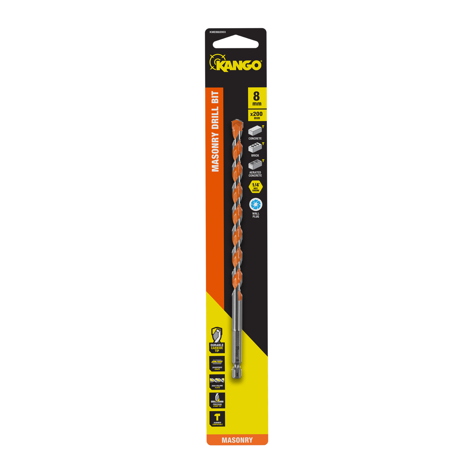 Kango 8 x 200mm Masonry Drill Bit, 1/4" Hex for Concrete & Brick