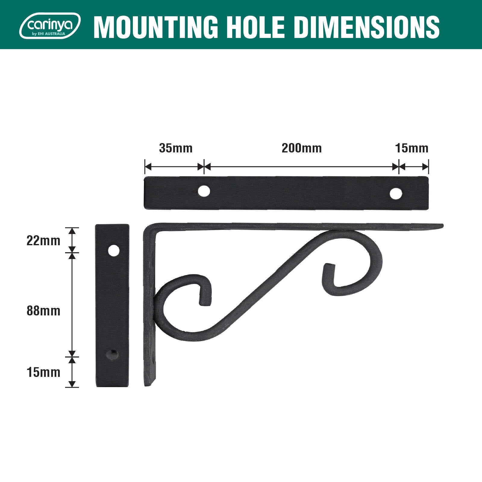 Carinya 250 x 125mm Black Powder Coated Steel Scroll Stayed Bracket 80kg