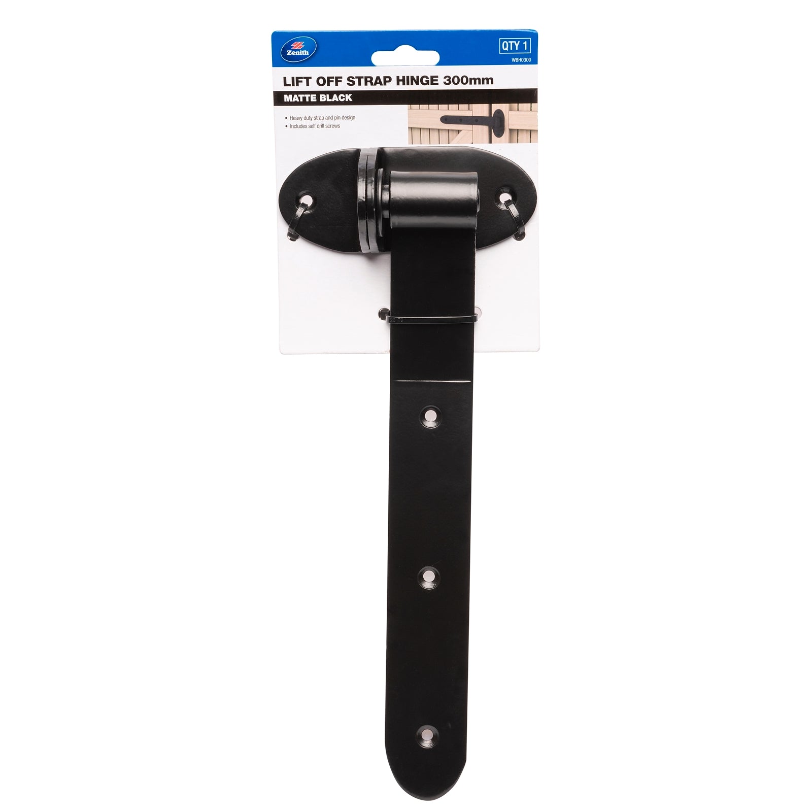 Zenith 300mm Matte Black Steel Lift Off Strap Hinge