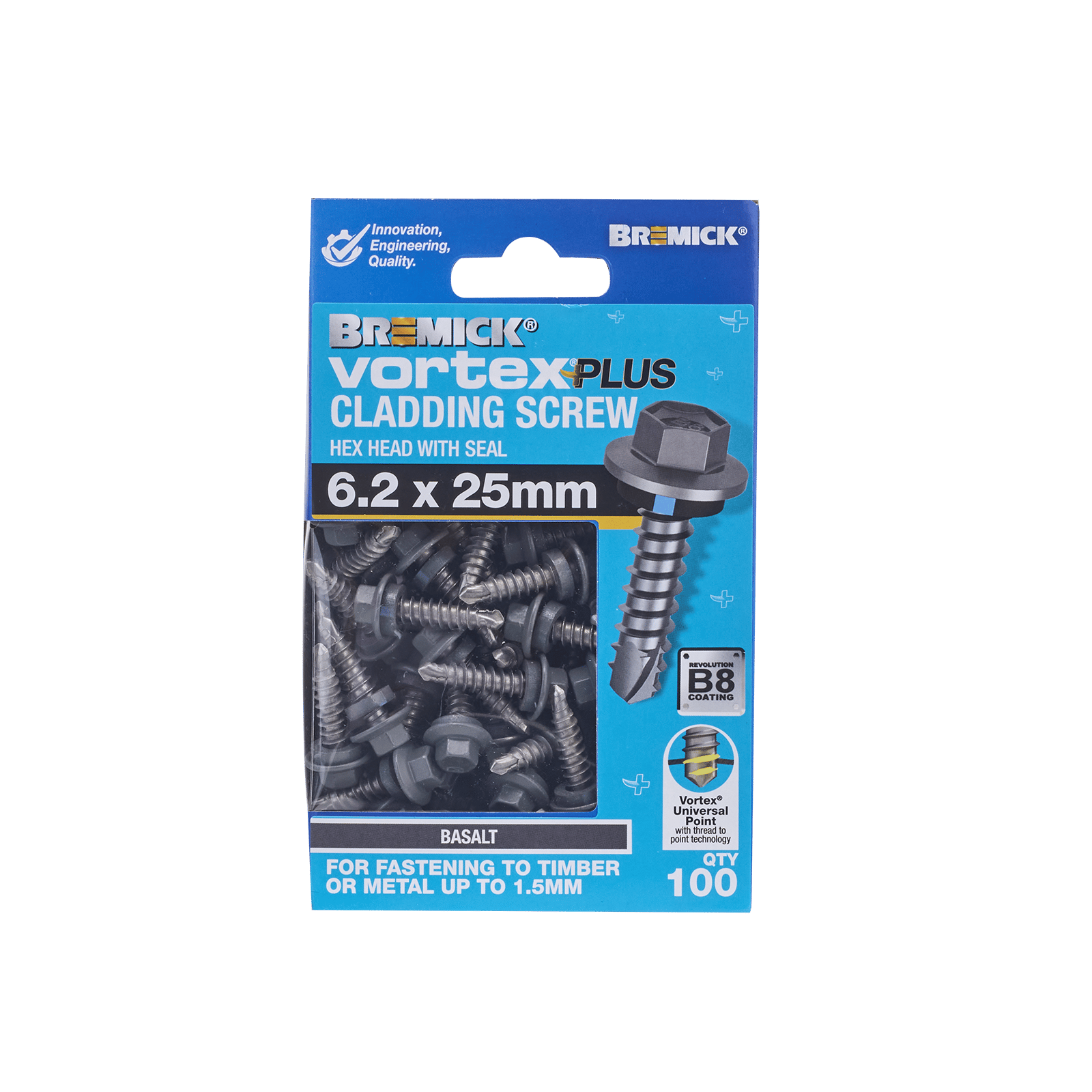 Bremick Vortex Plus 6.2 x 25mm Hex Cladding Screw, Carbon Steel B8 Basalt, Sealed Head Vortex Point - 100 Box