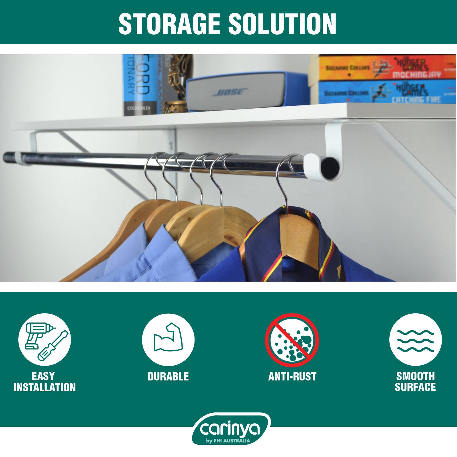 Carinya 305 x 265 x 25mm White Powder Coated Steel Closet Rod Bracket, 50kg