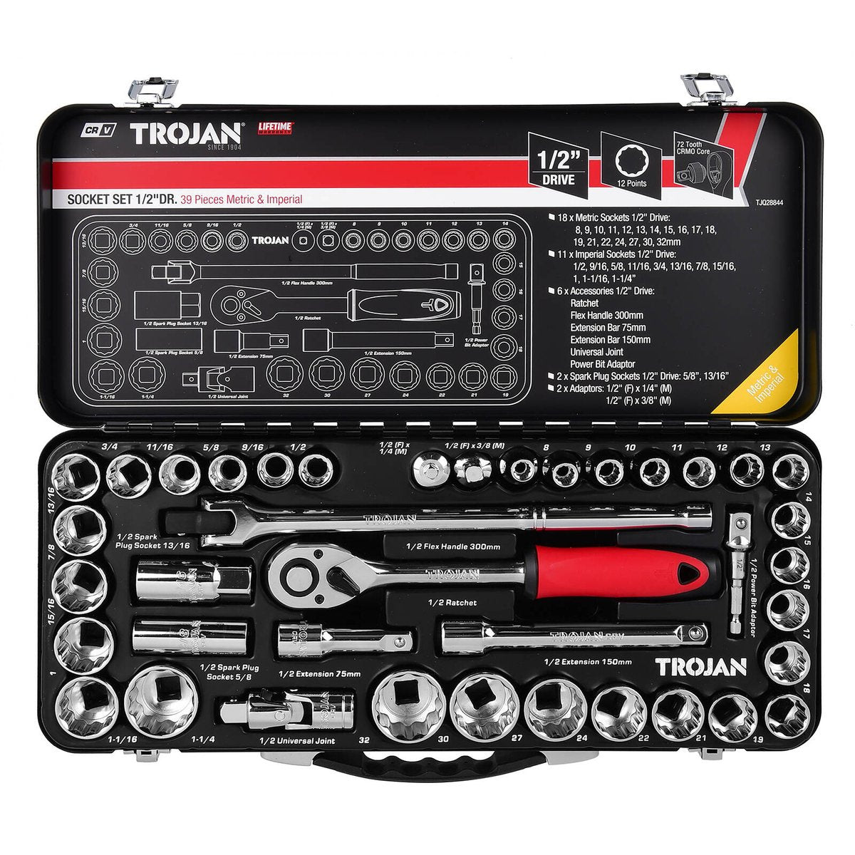 Trojan 39 Piece Socket Tin Set 1/2" Drive Metric & Imperial Chrome Vanadium