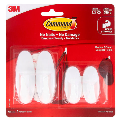 Command Small / Medium White Adhesive Designer Hooks Value Pack - 4 Pack