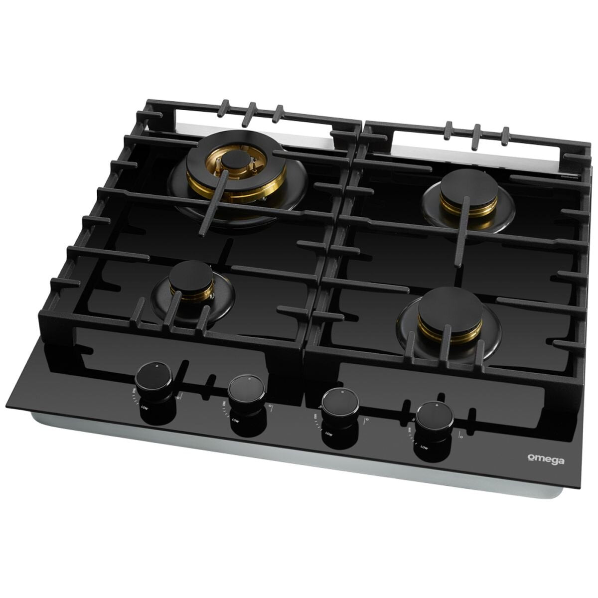Omega 60cm Natural Gas Cooktop - Black Ceramic Glass, Wok Burner, Brass Burners, Cast Iron Trivets - OCGG604WB