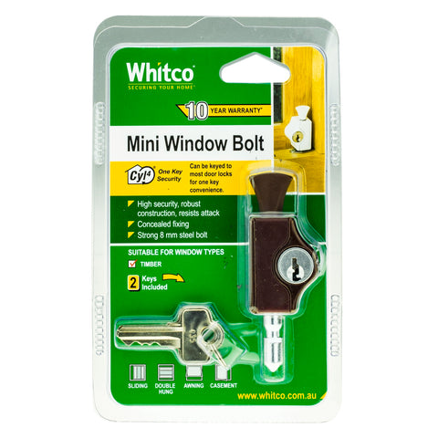 Whitco CYL4 Mini Bolt Window Lock - Mahogany Lockable Zinc