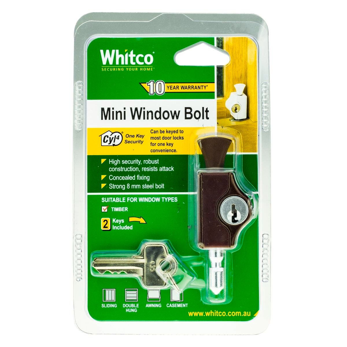 Whitco CYL4 Mini Bolt Window Lock - Mahogany Lockable Zinc