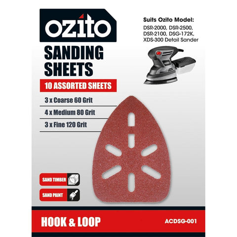 Ozito Detail Sander Triangular Sanding Sheets, Assorted Grits, 10 Pack