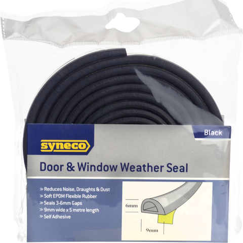 Syneco 6 x 9mm x 5m Black EPDM Door & Window Weather Seal