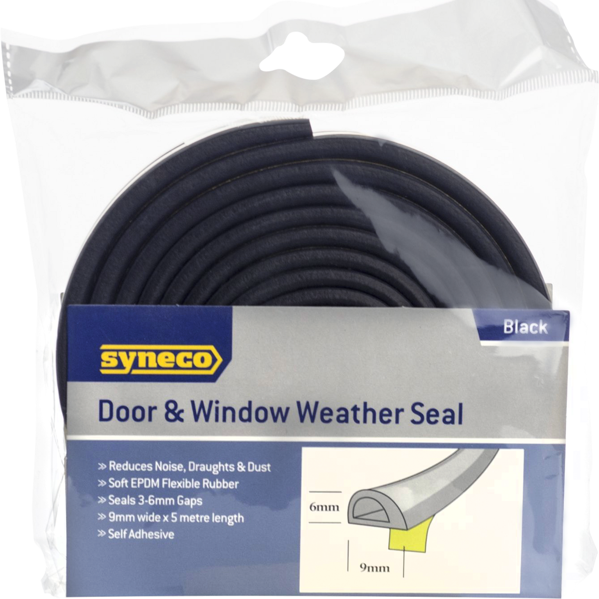 Syneco 6 x 9mm x 5m Black EPDM Door & Window Weather Seal