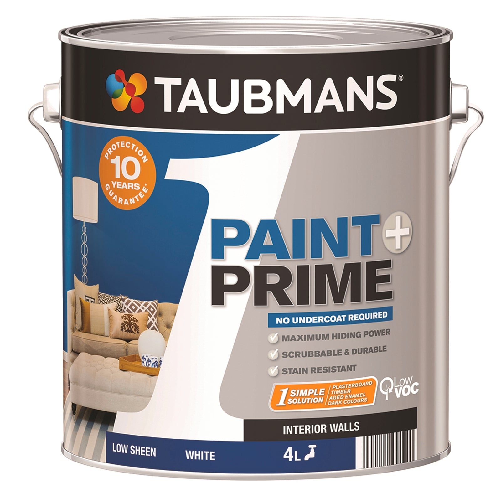 Taubmans 1 Paint And Prime White Low Sheen Water Based Interior Wall Paint 4L