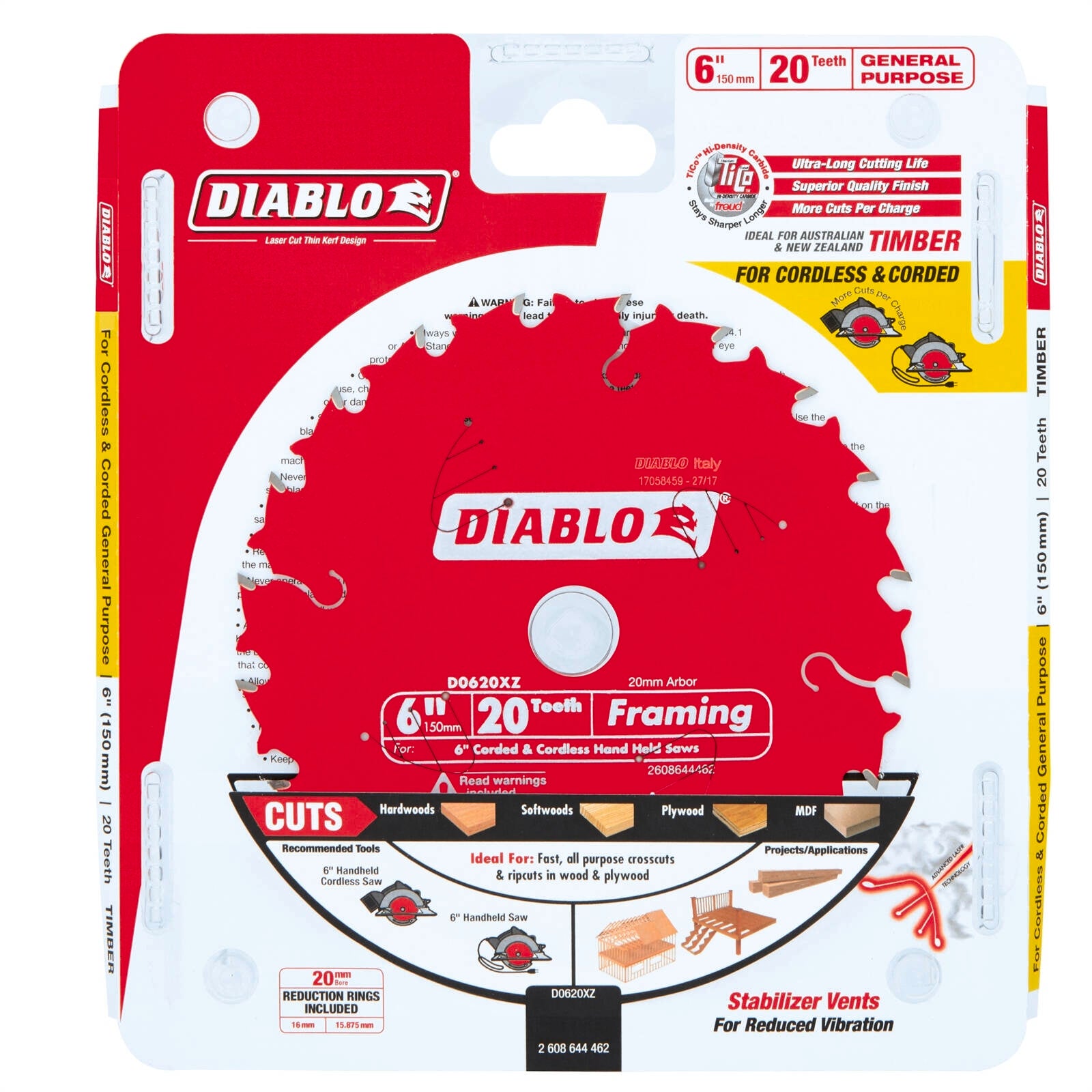 Diablo 150mm 20T General Purpose Hardened Steel Circular Saw Blade Cordless