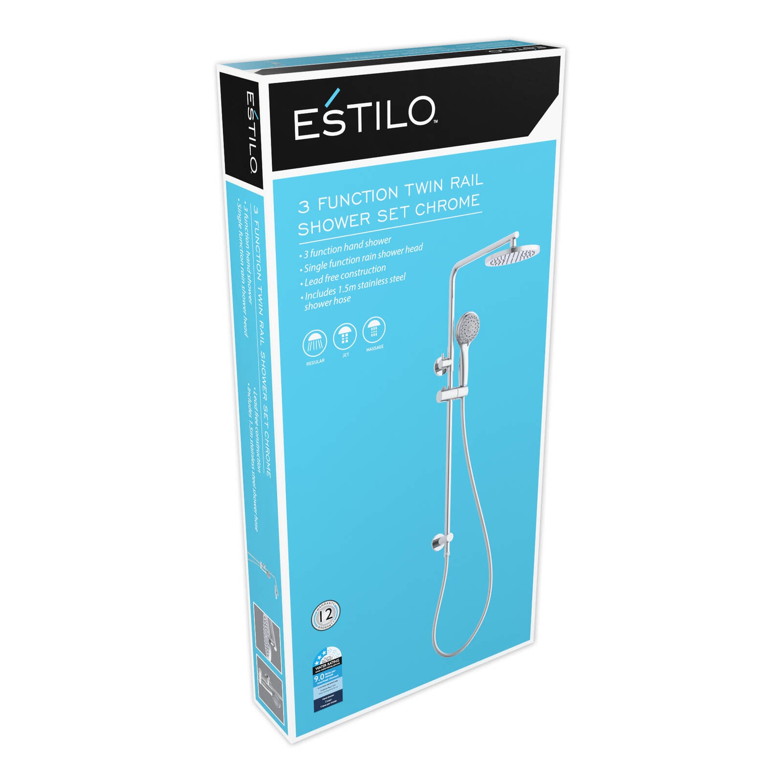 Estilo Chrome 3 Function Twin Rail Shower Set, 9L/min WELS 3 Star ABS