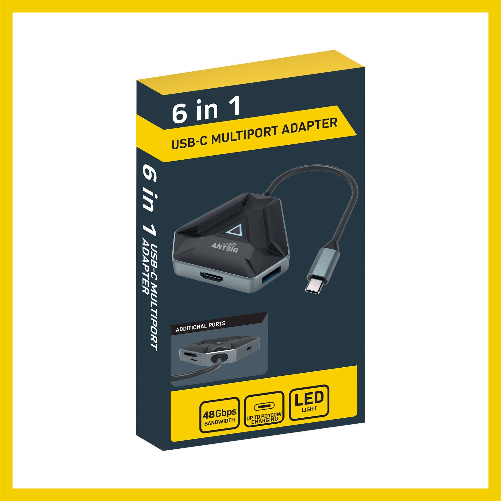 Antsig AP186 6 in 1 USB-C Multiport Adapter, Black ABS