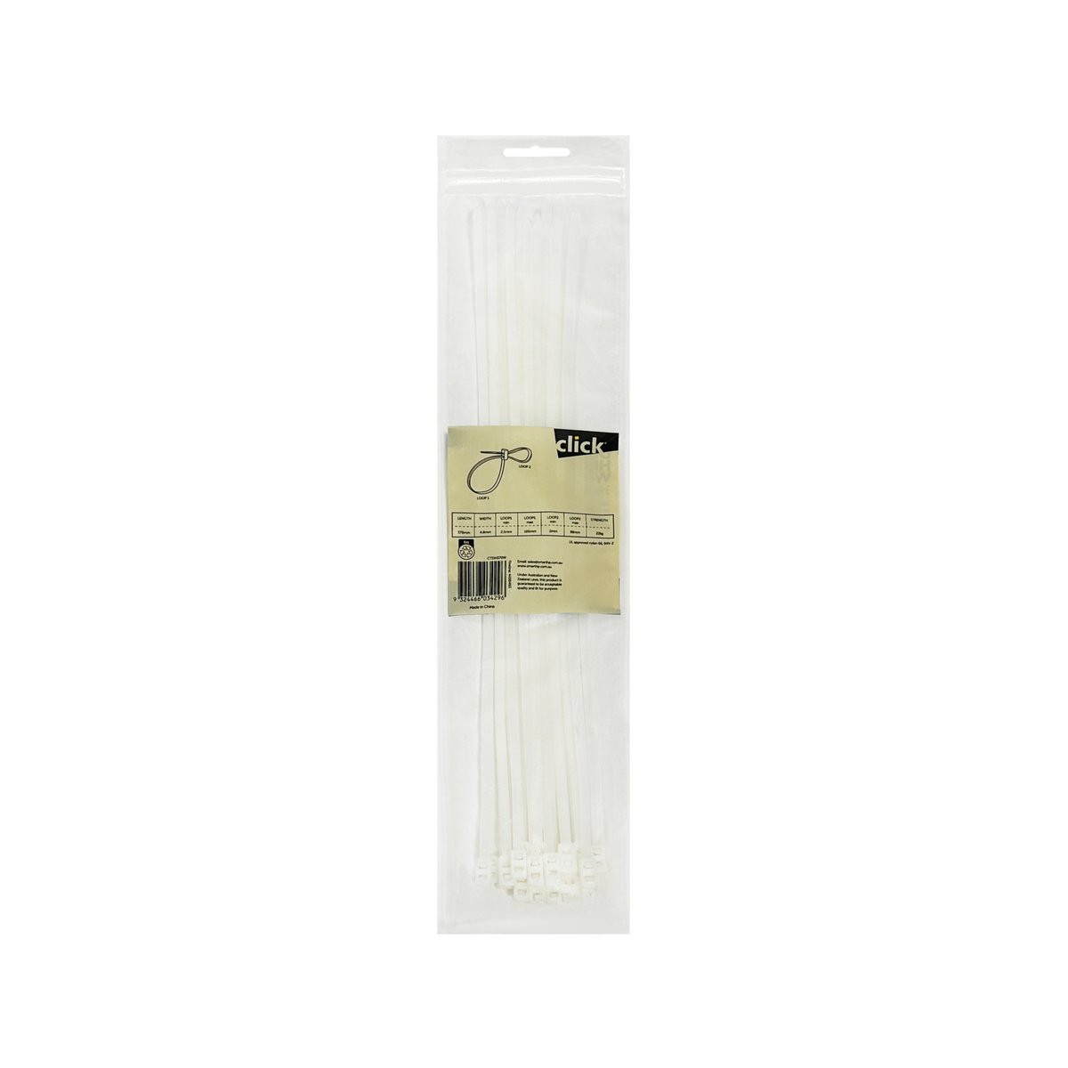 Click 370mm White Double Headed Cable Tie 25 Pack - UV Resistant Nylon Twin Loop