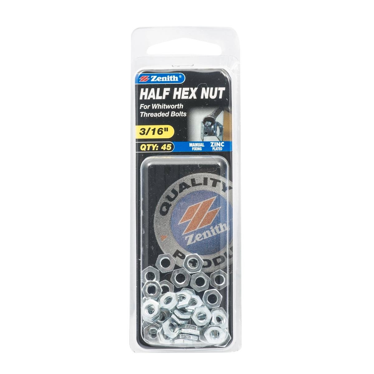 Zenith 3/16" Zinc Plated Steel Hex Half Nuts - 45 Pack