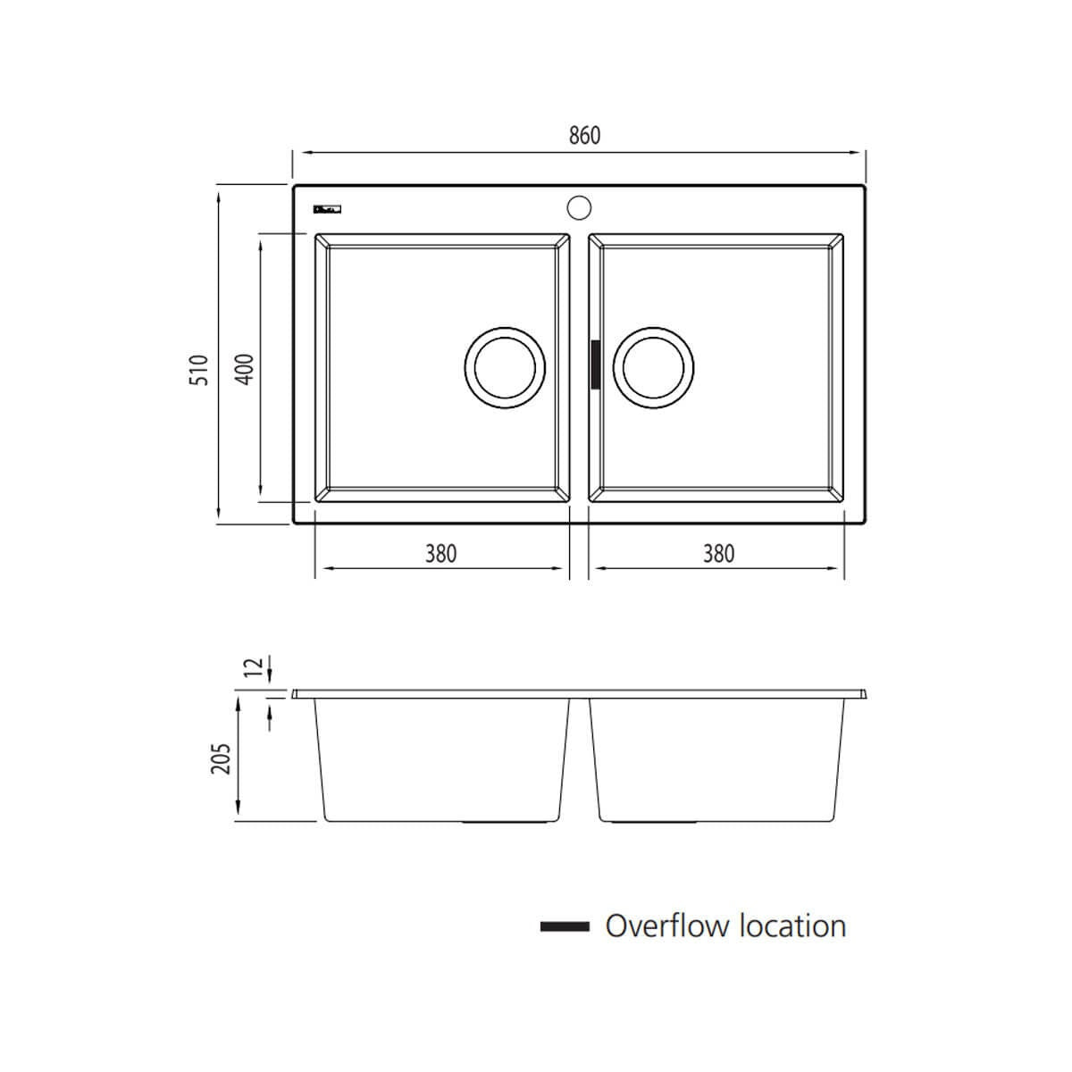 Oliveri Santorini Double Bowl Topmount Sink - Matte Black, Two 32L Bowls - ST-MB1564-OF