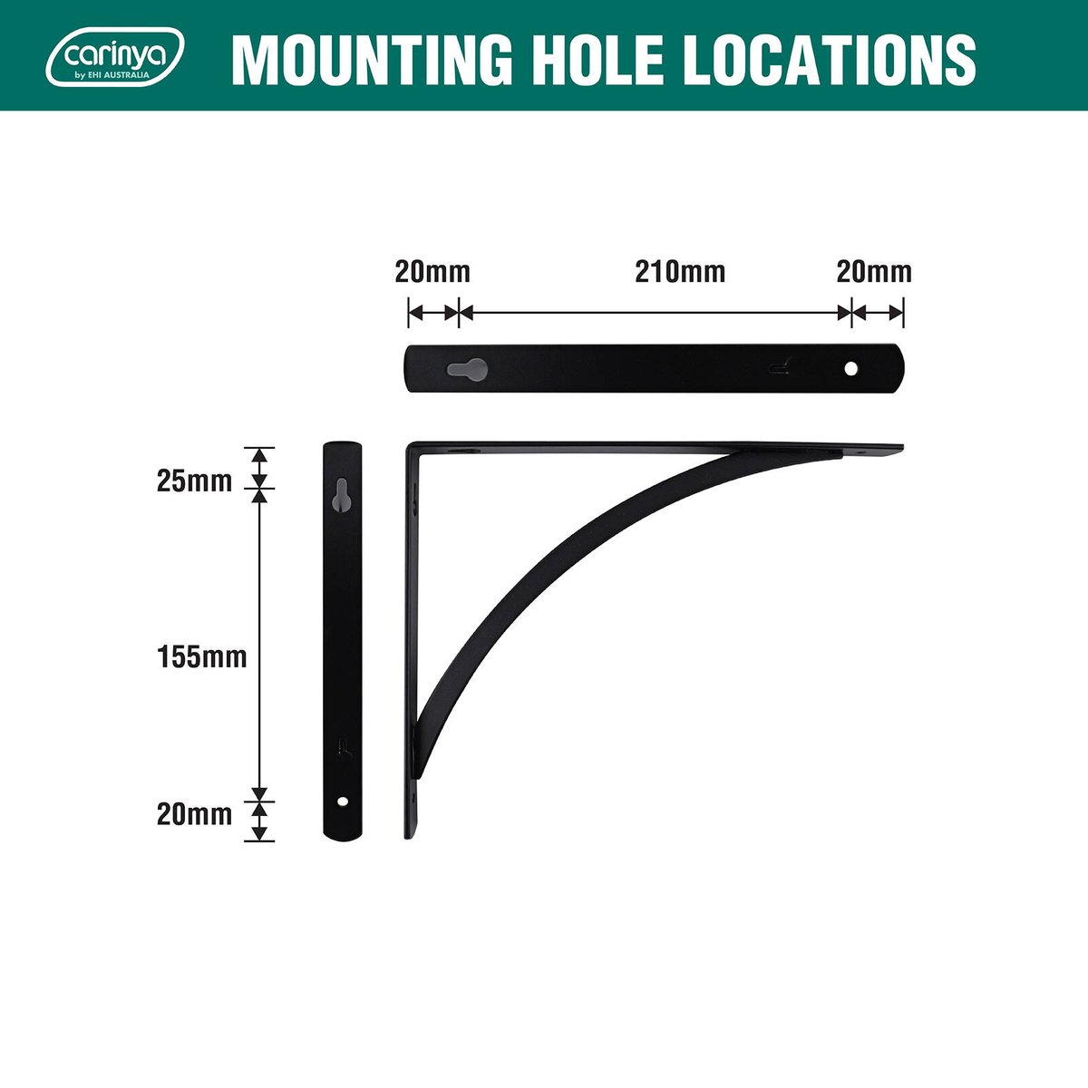 Carinya 250 x 200mm Black Powder Coated Steel Arch Stayed Bracket Wall Mount 50kg Load