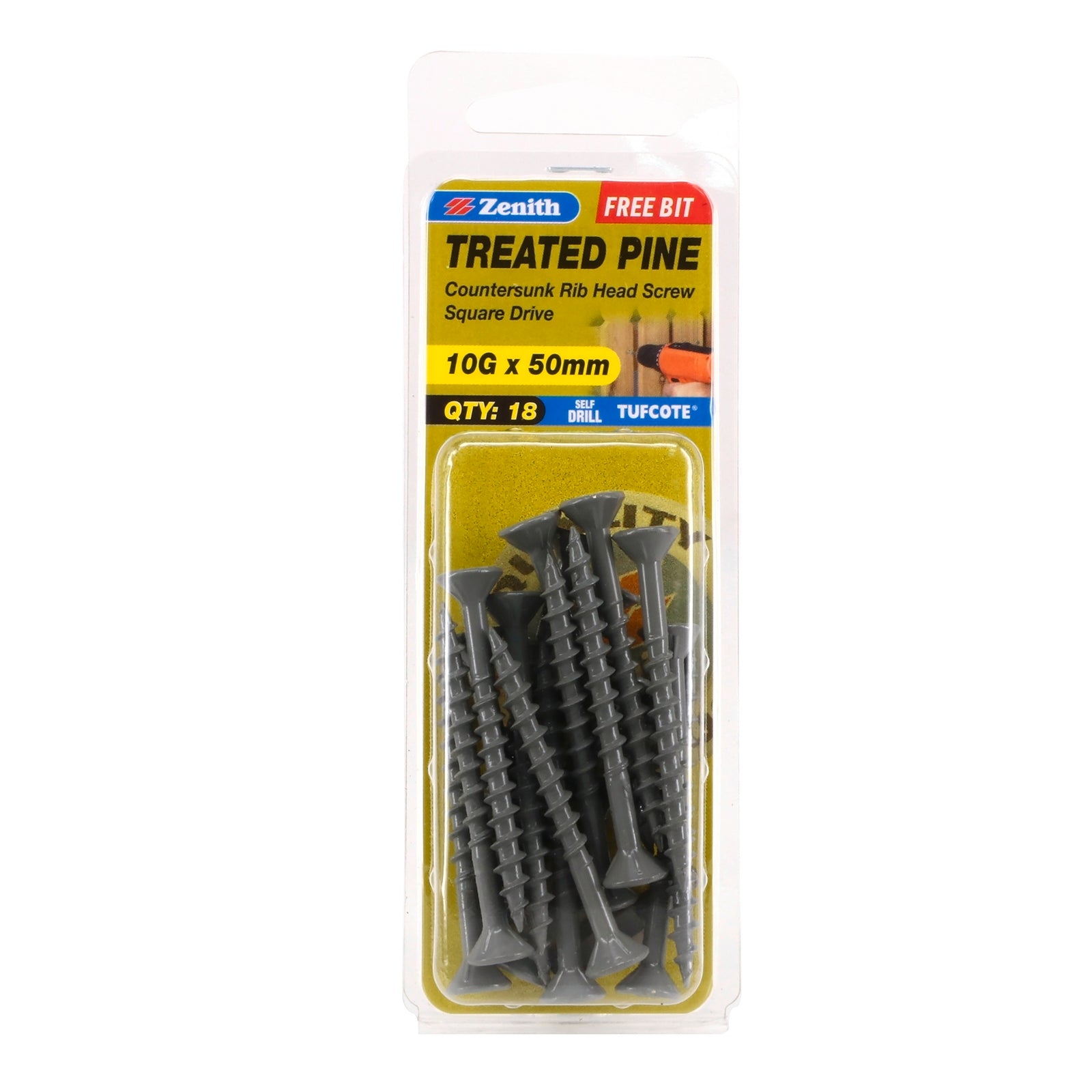 Zenith 10G x 50mm Tufcote Countersunk Rib Head Treated Pine Screws 18 Pack